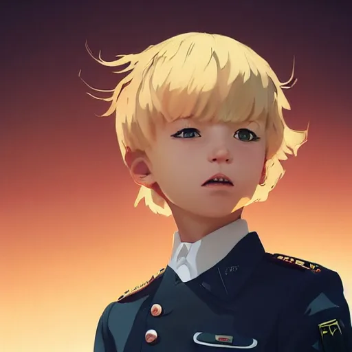 Image similar to portrait of blonde little boy wearing nazi uniform by ilya kuvshinov and anna dittmann and studio ghibli and wlop and rossdraws, digital art, trending on artstation, anime arts, featured on pixiv, red lighting, hd, 8 k, highly detailed, good lighting, beautiful, epic, masterpiece