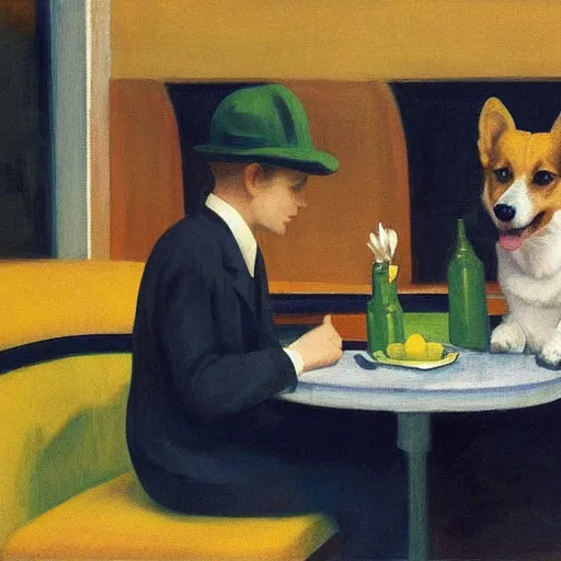 Image similar to corgi at a diner by edward hopper