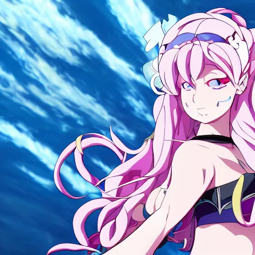 Image similar to stunningly beautiful omnipotent megalomaniacal anime goddess who looks like junko enoshima with symmetrical perfect face and porcelain skin, pink twintail hair and mesmerizing cyan eyes, looking down upon the viewer and taking control, mid view from below her feet, hyperdetailed, 2 d anime, 8 k