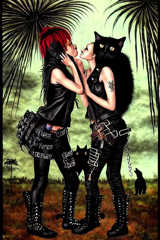 Image similar to punk rock girls kissing and making selfie with black cats in jungle , 1980 style, mad max jacket, post apocalyptic, Cyberpunk, renaissance, Gothic, mystic, highly detailed, digital painting, 4k, oil painting by Leonardo Da Vinci, hyper realistic style, fantasy by Olga Fedorova