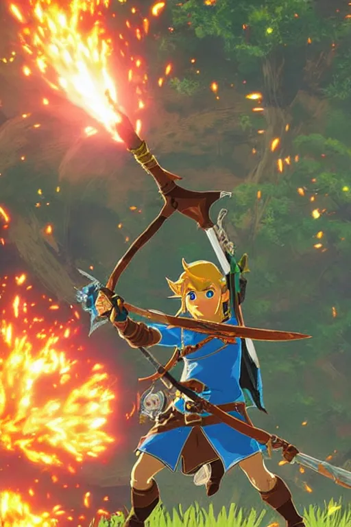 Image similar to in game footage of link from the legend of zelda breath of the wild firing an exploding arrow, breath of the wild art style.