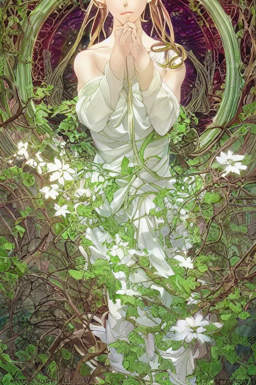 Prompt: anime key visual of a beautiful young female goddess!! in white silk clothing covered in vibrant green vines, intricate, magical forest, stunning, highly detailed, digital painting, artstation, smooth, hard focus, illustration, art by artgerm and greg rutkowski and alphonse mucha