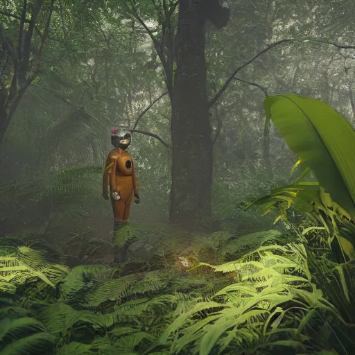 Image similar to a man wearing a 1 9 0 0 diving suit, walking through a lush jungle, realistic octane render, ray traced, god rays, extremely high detail