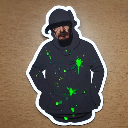 Image similar to die cut sticker, walter white in techwear, breakdancing, splatter paint