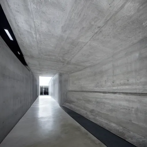 Prompt: underground concrete structure, minimalist architecture, surreal, liminal space, angled walls, high ceiling, flooded,