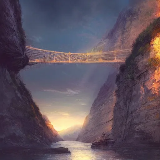 Image similar to Cannobio, St. Anna Gorge bridge, soft, light, bright, epic, awesome,digital art, by Simon baek and Greg rutkowski