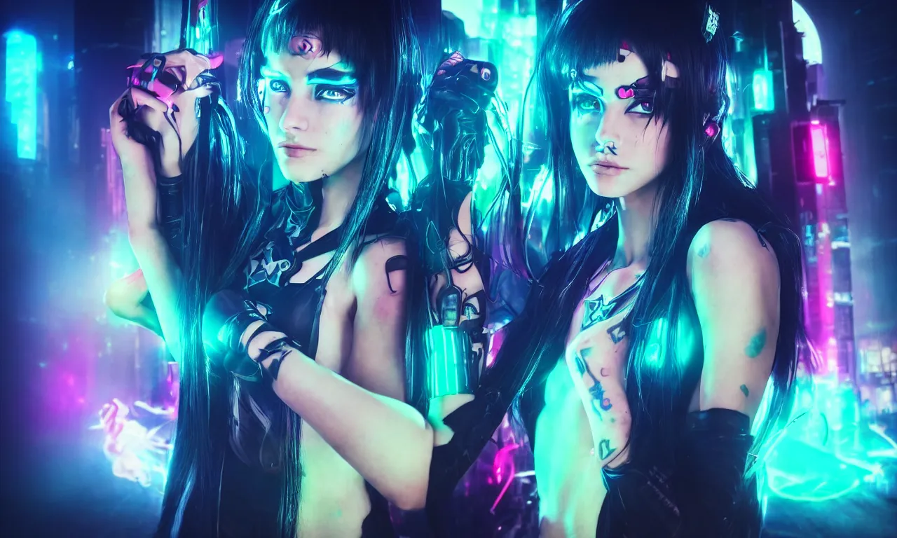 Image similar to neon cyberpunk sailor moon with arm tattoos, 1 / 4 headshot, cinematic lighting, dystopian scifi gear, gloomy, profile picture,