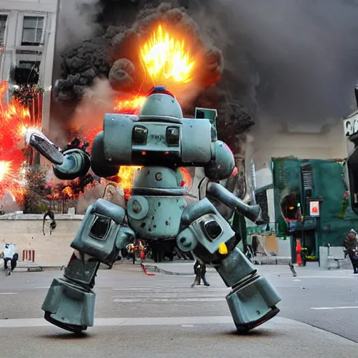 Prompt: giant toy soldier robot destroying a city explosion, panic, chaos