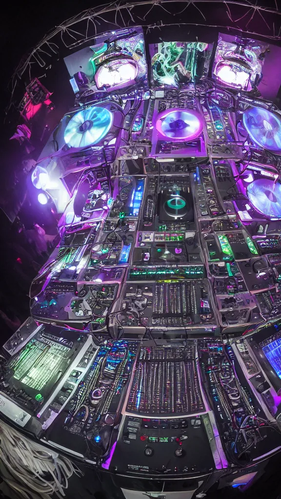 Image similar to award winning photo of an octopus! as a dj with tentacles! simultaneously placed turntables cdjs and knobs of a pioneer dj mixer. sharp, in front of a large crowd, studio, medium format, 8 k detail, volumetric lighting, wide angle, at an outdoor psytrance festival main stage at night