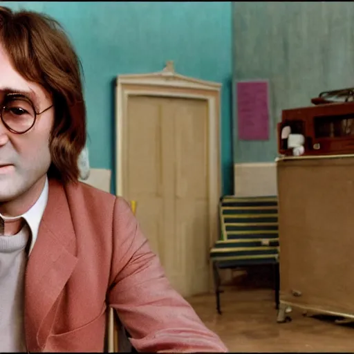 Image similar to John Lennon in a wes Anderson movie, HD, high resolution, hyper realistic, 4k, intricate detail