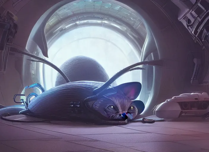 Prompt: alien cat sleeping in a spaceport in a gothcore ghibli animated film, volumetric lighting, octane render by stanley artgerm lau, greg rutkowski, alphonse mucha, loish, norman rockwel, highly detailed