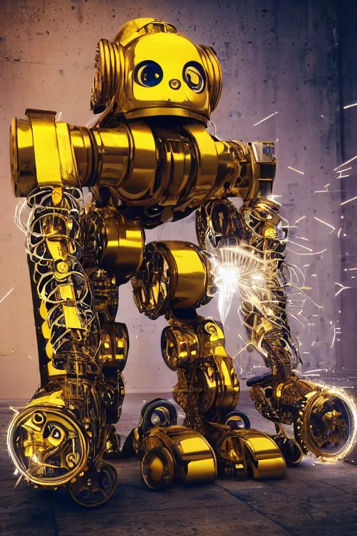 Prompt: portrait photo of a giant huge golden and blue metal humanoid steampunk robot cleaner robot, with gears and tubes, on the floor are mop and bucket, eyes are glowing red lightbulbs, shiny crisp finish, 3 d render, 8 k, insaneley detailed, fluorescent colors, background is multicolored lasershow