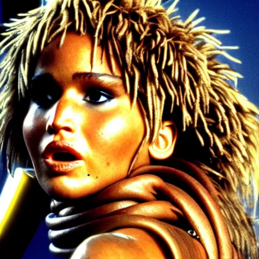 Image similar to jennifer lawrence as tina turner from mad max beyond thunderdome, movie still editorial photography