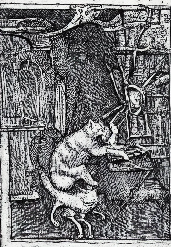 Image similar to [Devilish medieval illustration of a cat watching youtube on a computer]