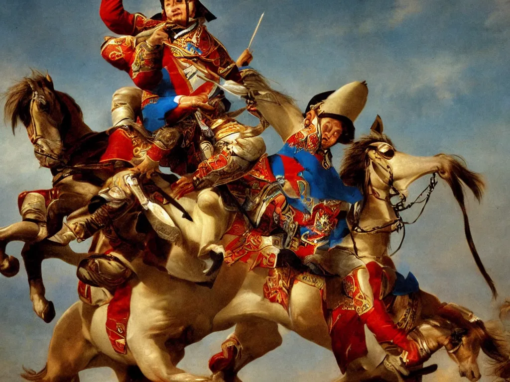 Prompt: napoleon riding Genghis Khan like a horse photography