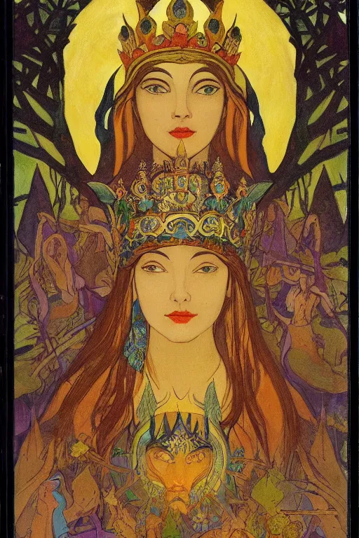 Image similar to queen of the forest with her crown and lantern, by Nicholas Roerich and Annie Swynnerton and Frederick Sandys, dramatic cinematic lighting , ornate headdress , flowing robes, sacred artifacts, lost civilizations, smooth, sharp focus, extremely detailed