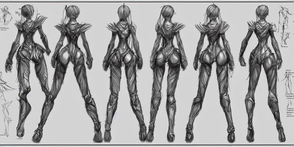Prompt: female concept art, front, side, and back view, arms outstretched, modeling reference sheet, lineart, orthographic view, ink, black and white, varying thickness, manga pen, in the style of Final Fantasy IX, 3D modeling concept sheet, white background