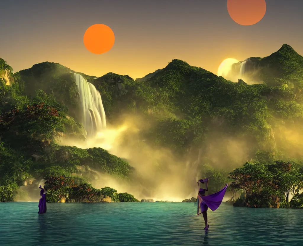 Image similar to a low-poly render of a big purple hand holding the orange setting sun on the ocean horizon. a green tinted transparent beckoning lady in front of a waterfall. a cream colored abandoned building featuring two statues and pitch black periphery. a prehistoric jungle scene with a mountain in the background.