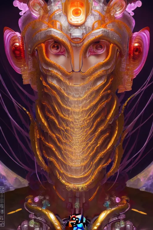 Image similar to asura from chinese myth, ghost, gorgeous and huge head ornaments, dystopian, cyberpunk, organic fractal mycelum and fungi, mecha, halfturn portrait of a big crystal face made of crystals half - turn, ominous, intricate, studio, art by anthony macbain + greg rutkowski + alphonse mucha, concept art, 4 k, sharp focus