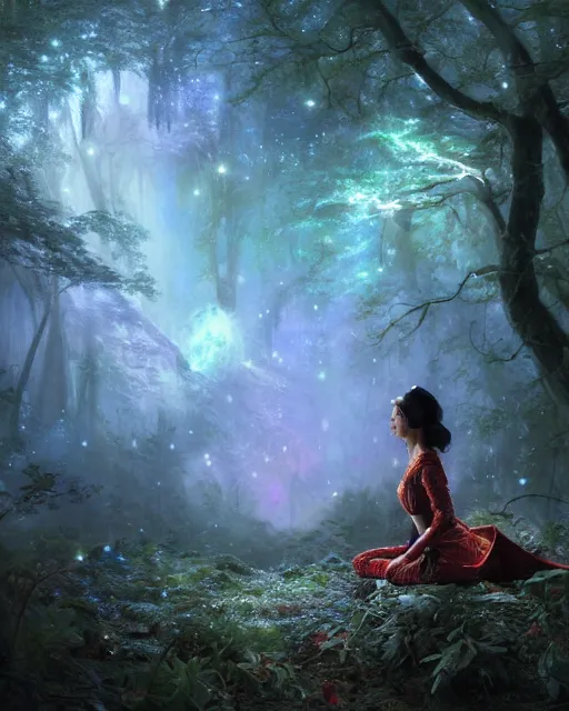 Image similar to female elf with black hair dress meditating in a nebula forest by greg rutkowski, high key lighting, volumetric light, digital art, highly detailed, fine detail, intricate, ornate, complex, octane render, unreal engine, photorealistic digital painting, artstation, concept art, sharp focus, art by greg rutkowski and alphonse mucha