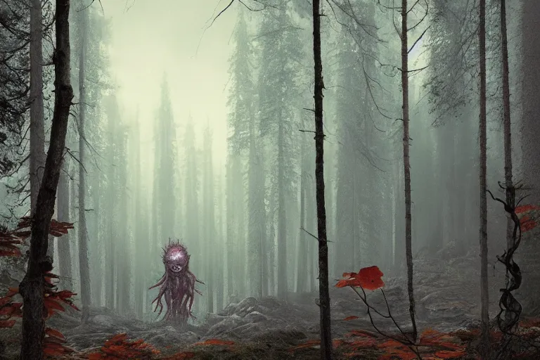 Image similar to creepy eldritch monster in a swedish forest, very low angle photograph, very detailed, trending on artstation, realistic, soft colors, simon stålenhag, lovecraft, horror