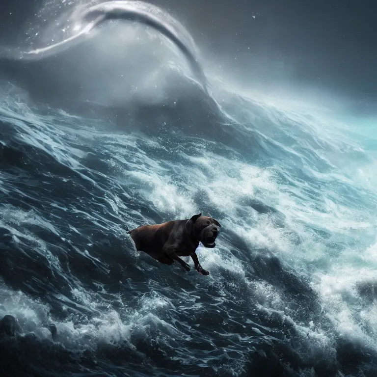 Image similar to photo of a dark charcoal coat pit bull with a white paws, surfing on a surfboard in a crashing wave of alien ocean in space, background is an alien galaxy, matte, aliens in the background, alien colors, octane render, unreal engine, wide view, 8 k, high detaild