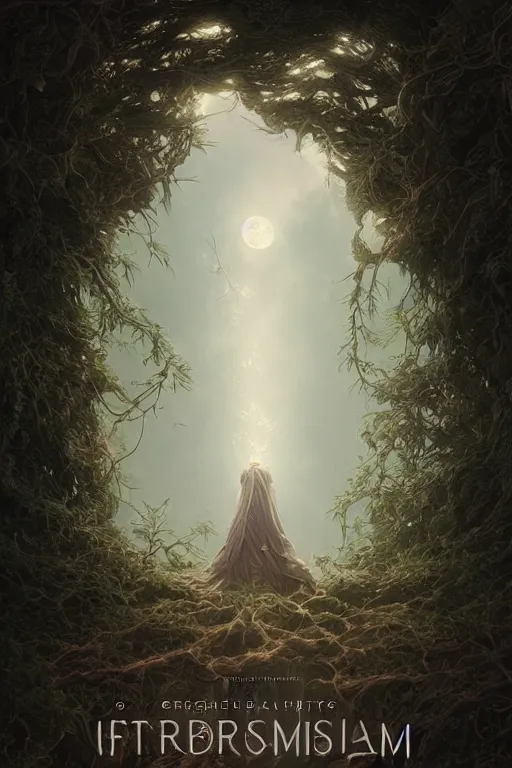 Image similar to book cover by greg rutkowski and artgerm, only nature, symmetrical ivy on frames, high quality fantasy stock photo, unsplash transparent, forest and moon, intricate detail, elegant, hyper realistic, ultra detailed, octane render, volumetric cinematic lighting, 8 k, post - production