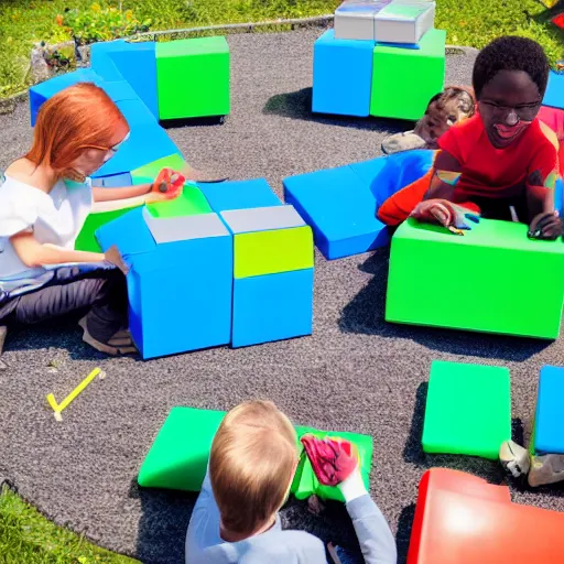 Image similar to photo of kids working on computers outside in the sun, large colorful blocks floating in the air, bright colors