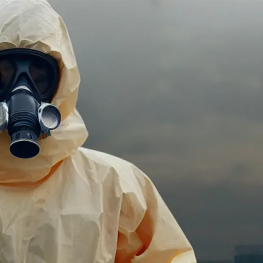 Image similar to a man wearing a hazmat suit and gasmask holding a revolver, film still, cinematic, enhanced