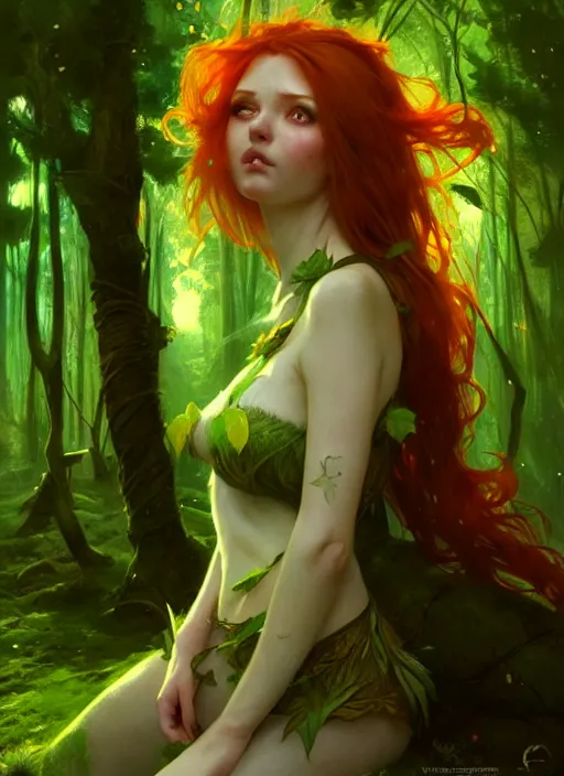 Image similar to stunningly beautiful female green and ginger hair, fantasy art, fae priestess, lush forest landscape, dark light night, sharp focus, digital painting, 4 k, concept art, art by wlop, artgerm, greg rutkowski and alphonse mucha