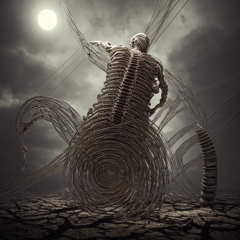 Prompt: surreal greek spine spinal statue covered with wires, surreal abandoned buildings, dream-like heavy atmosphere, baroque painting, beautiful detailed intricate insanely detailed octane render trending on Artstation, 8K artistic photography, photorealistic, dramatic volumetric cinematic light, chiaroscuro, Raphael, Caravaggio, Beksinski, Giger