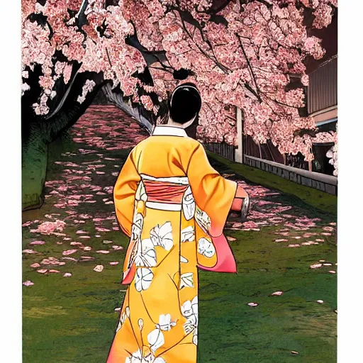 Image similar to A beautiful performance art of a young woman in a traditional kimono, with a background of sakura blossoms. comic book art, apricot by Arthur Boyd, by Glen Fabry