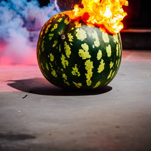 Image similar to photo of a watermelon on fire in a bar