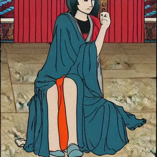 Image similar to Dido of Carthage in her palace, relaxed and candid, anime portrait by Satoshi Kon and Junji Ito