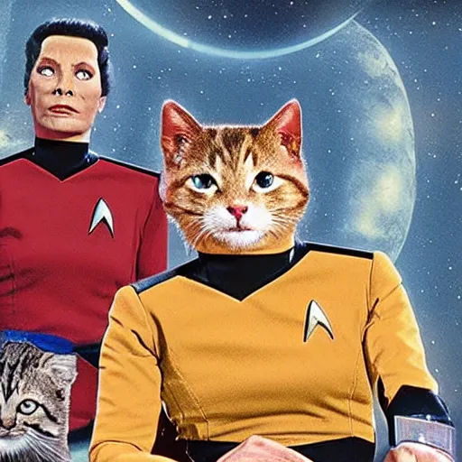 Prompt: a scene from star trek but the crew are cats