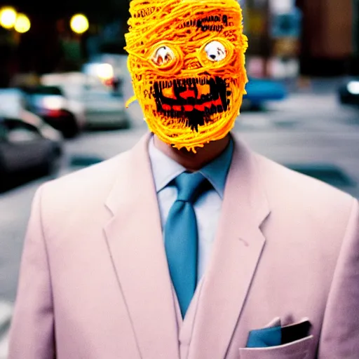 Prompt: sharp portrait of a man in a suit with a face made of spaghetti standing in los angeles with blured zombies on a background, bokeh, detailed, film photography, kodak portra 4 0 0, mamiya,