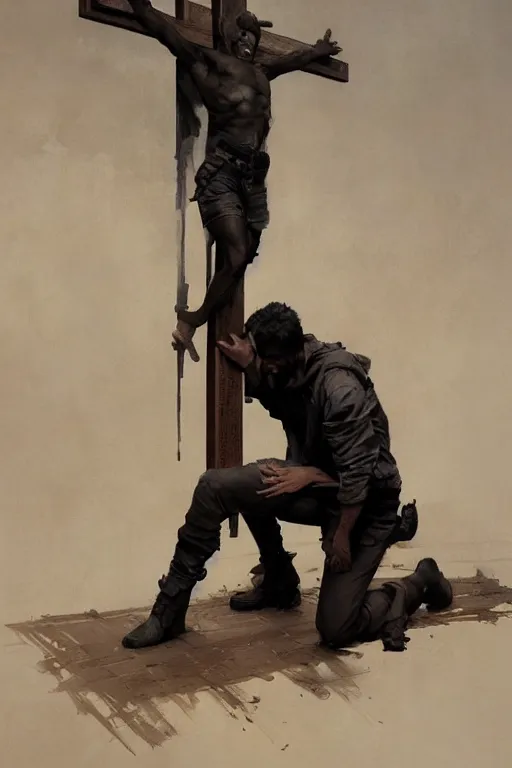 Prompt: man kneeling at the foot of a wooden cross, dramatic lighting art by Yoji Shinkawa by Richard Schmid by greg rutkowski by Sandra Chevrier by Jeremy Lipking cinematic dramatic, by frank miller, illustration by Ruan Jia and Mandy Jurgens and William-Adolphe Bouguereau, Artgerm, 4k, digital art, surreal, space dandy style, highly detailed, godsend, artstation, digital painting, concept art, smooth, sharp focus, illustration by Ruan Jia and Mandy Jurgens and William-Adolphe Bouguereau, Artgerm