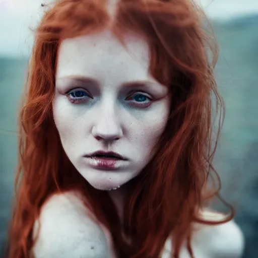 Prompt: photo of georgous redhead woman with freakles by Alessio Albi