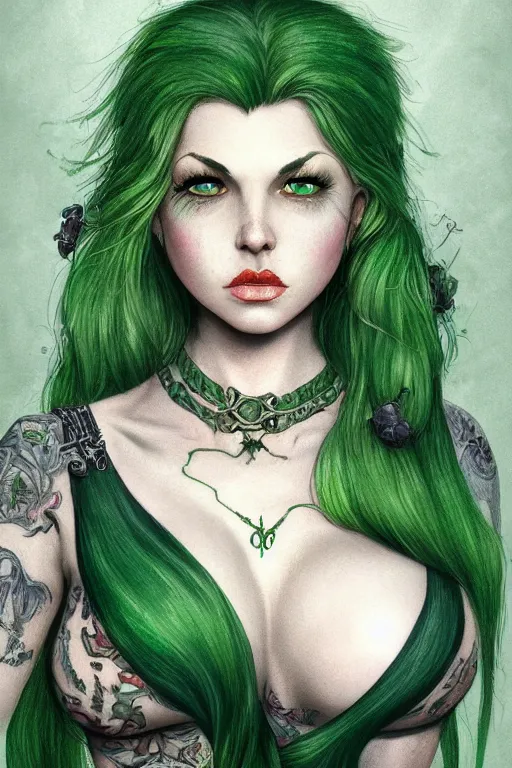 Image similar to green hair tattooed pinup hannah murray, rogue bard, feathers, baldurs gate, diablo, dnd, deep focus, turnaround, fantasy, intricate, elegant, highly detailed, digital painting, artstation, concept art, matte, sharp focus, illustration, hearthstone, art by artgerm and greg rutkowski and alphonse mucha.