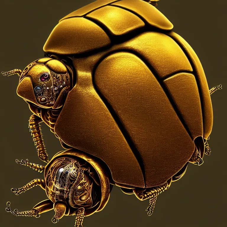 Image similar to steampunk golden tortoise beetle, biomechanical, very coherent symmetrical artwork, cinematic, 3 d model, unreal engine realistic render, 8 k, micro detail, intricate, elegant, highly detailed, centered, digital painting, smooth, sharp focus, illustration, artgerm, tomasz alen kopera, by wlop