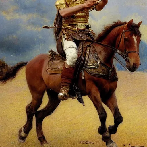 Image similar to attractive lionel messi as attractive lionel messi riding a horse, natural lighting, high quality, very detailed painting, by gaston bussiere, donato giancola, j. c. leyendecker