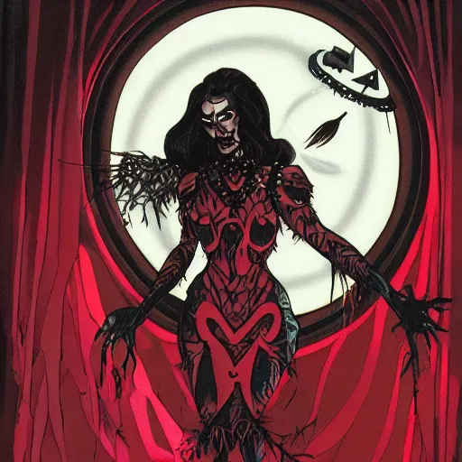 Image similar to Jennifer Connelly as dark fae gothic atompunk evil Disney villain queen with black feather hair, feathers growing out of skin, shedding feathers, in front of space station window, Mike mignola, trending on artstation, comic book cover, illustration