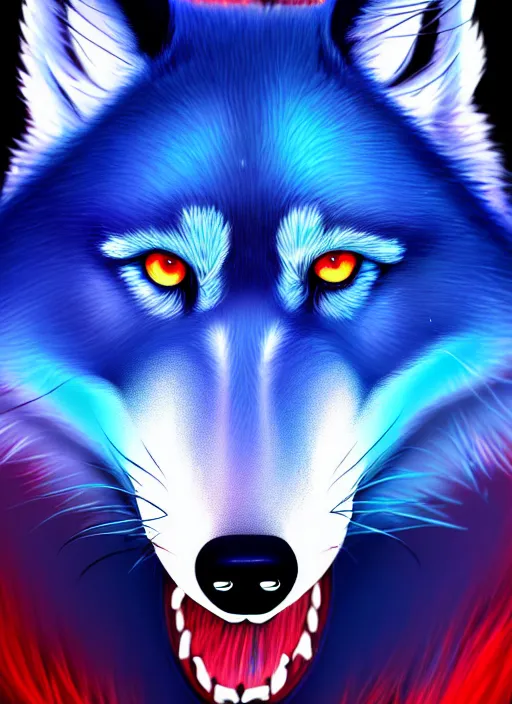 Image similar to blue wolf, red eyes highly detailed, deep focus, digital painting, smooth, sharp focus, illustration, trending on artstation, 4 k