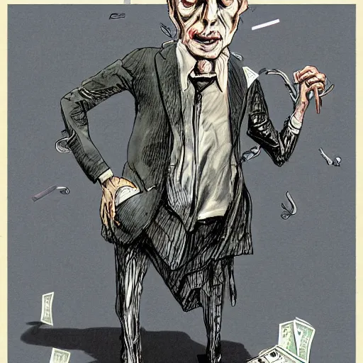 Image similar to Jacob Rothschild full body shot, dollar bills Body horror, biopunk, by Ralph Steadman, Francis Bacon, Hunter S Thompson