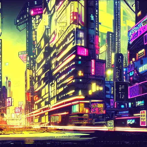 Prompt: 8k octane concept art cyberpunk tokyo cityscape town at night neon lights in the style of kazue kato very detailed