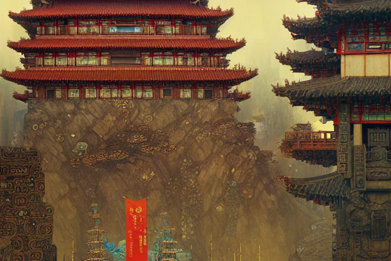 Image similar to cyberpunk chinese ancient castle, fantasy, painting by Gustav Klimt, greg rutkowski and alphonse mucha