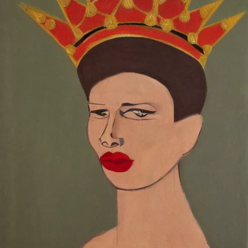 Prompt: a bauhaus style painting of an beatiful, brunette queen with freckels, red lipstick, royal crown, royal garment