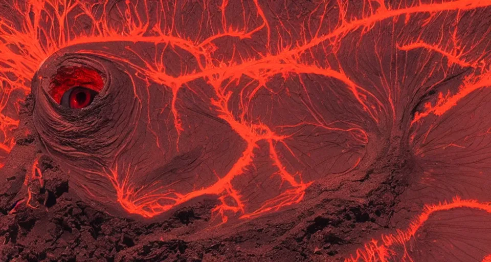 Image similar to a volcano made of ivory vines and crimson rocks enters in eruption, it spits a smoke in the shape of demonic eye, by H.P. Lovecraft