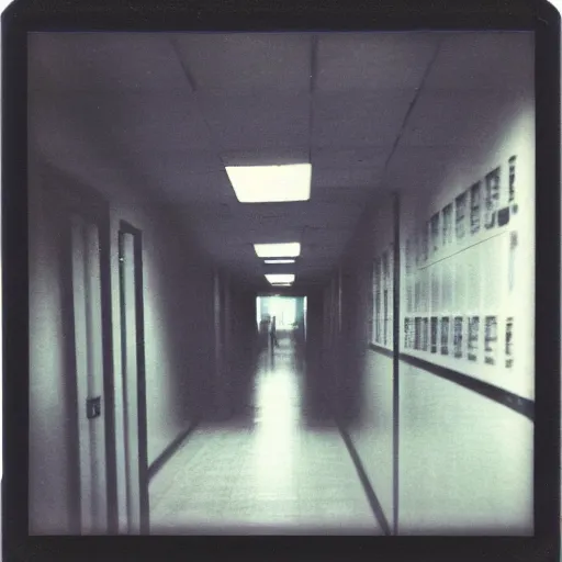 Image similar to polaroid of a terrifying thing in a school hallway at night