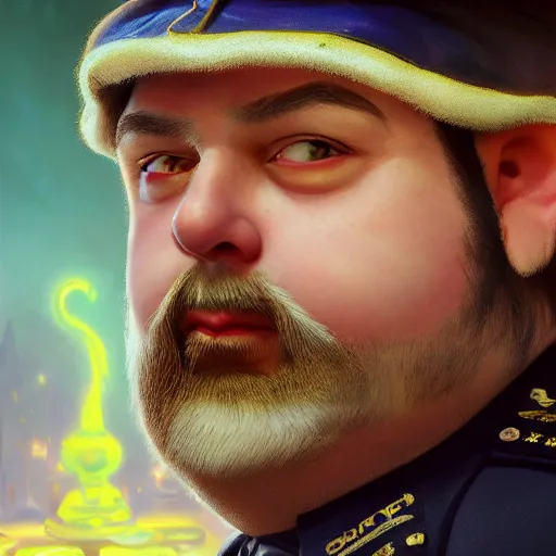 Prompt: a shlubby, shifty, fat high fantasy elf mall cop with a sheriff's badge, Oil Painting, hyperrealistic, octane render, Detailed Digital Art, RPG portrait, 3/4 bust, William-Adolphe Bouguereau, Michael Cheval, dynamic lighting, Highly Detailed, Cinematic Lighting, 8k, HD